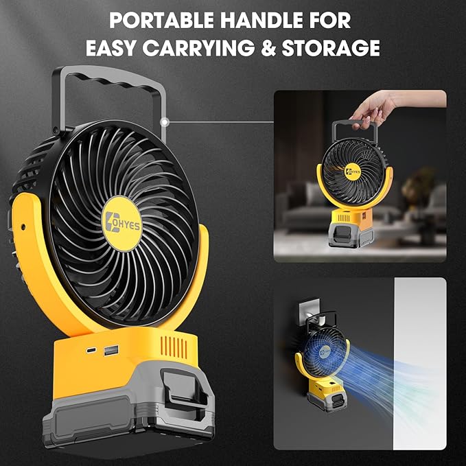 ohyes Cordless Jobsite Fan Fit For DeWALT 20V Max Battery Brushless Motor With USB A+C Fast Charging For Camping Workshop and Construction Site(Battery not included)