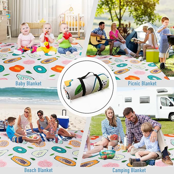 Picnic Blanket Extra Large(79" x 82"), 3-Layer Thickening Camping Blanket, Machine Washable Outdoor Blanket, Wear-Resistant, Soft and Comfortable, Sandproof Beach Mat for Beach, Park, Lawn
