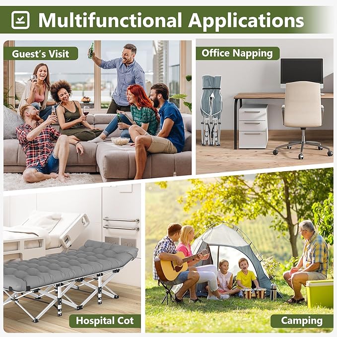 Slendor Camping Cot, Folding Camping Cots for Adults, Portable Sleeping Cot with Carry Bag, 1200D Double Layer Oxford, Camp Cot Bed for Guest Travel, Hiking, Support 500lbs, Charcoal Grey
