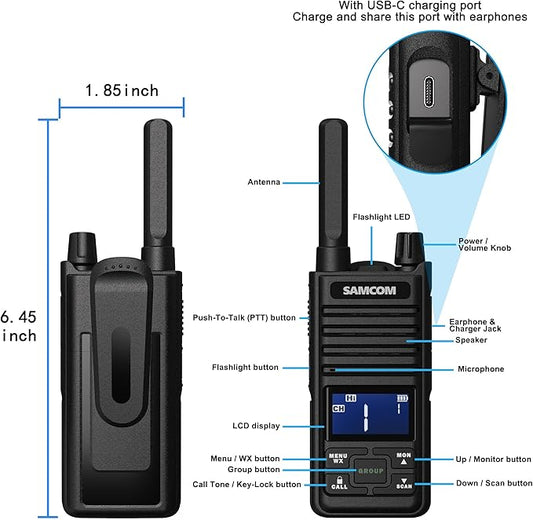 Samcom T2 GMRS Two Way Radio, 2 Watt Long Range Walkie Talkies for Adults, 121 Privacy Codes Type C Rechargeable Walkie Talkies with USB Earpiece, NOAA Weather Alerts, Scan, Group Talk(2 Pack Black)