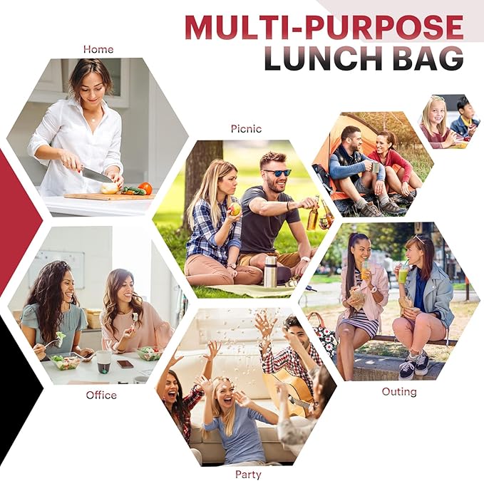 Lunch Bag for Women & Men Adult Insulated Lunch Box, Small Leakproof Cooler Food Lunch Containers Reusable High Capacity Lunch Tote Bags for Work, Travel, Outdoor (Red Flower)