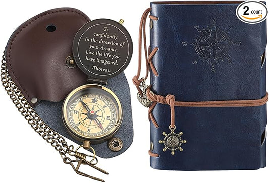 Kanayu 2 Pcs Compass Graduation Gift Compass with Stamped Leather Case and Leather Journal Notebook High School College Graduation Gifts for Him