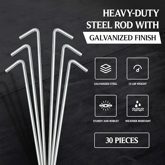 Tent Stakes Heavy Duty Metal, Galvanized Rust-Free Yard Stakes, Garden Edging Fence Hook | Tent Stakes Metal for Outdoor Camping, Tent Garden Stakes for Gardening & Canopies, Tent Pegs - by Ram-Pro