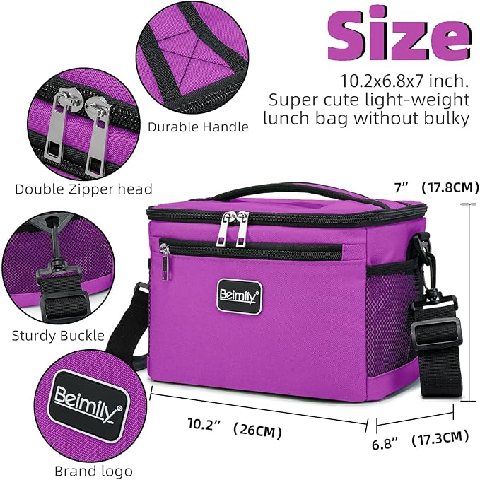 BEIMILY Lunch Bag for Women/Men,Reusable Lunch Box Small Cooler Bag Soft Sided,Leakproof Cooler Bag for Office Work Picnic Beach with Adjustable Shoulder Strap (rose purple), 2311A
