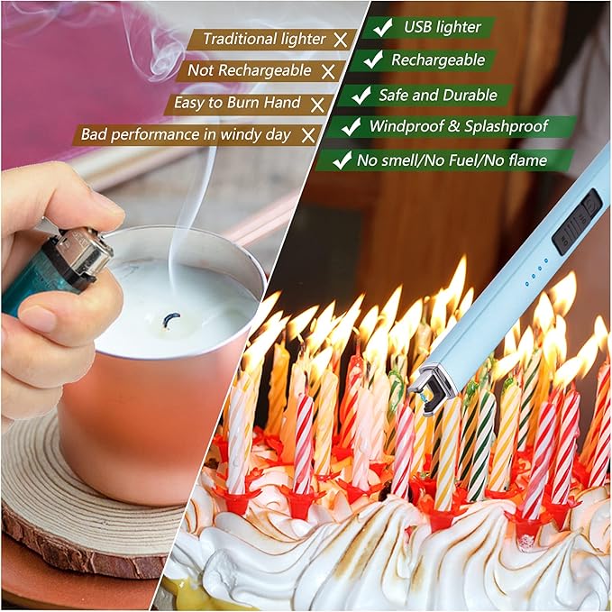 MEIRUBY Lighter Electric Candle Lighter Long Electronic Rechargeable USB Lighter Arc Windproof Flameless Lighters for Candle Camping BBQ Birthday Women's Day Gifts for Women Mom Wife Men, Light Blue