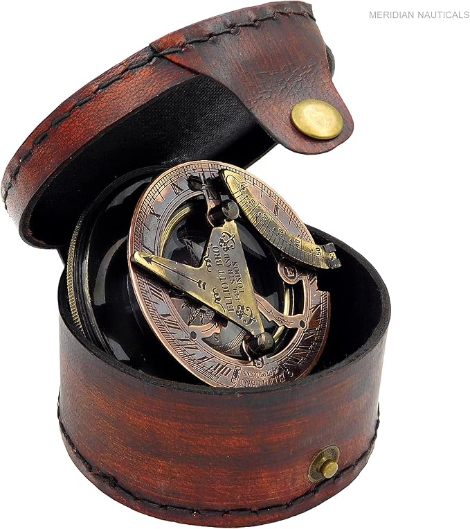 Brass Sundial Compass -Drum Sundial with Stamp Leather Box.Maritime Nautical Antiques Nautical Reproduction