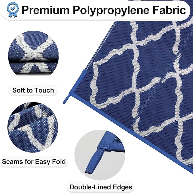 OutdoorLines Outdoor Plastic Area Rugs for Patio 9x12 ft - Reversible Outside Carpet, Stain & UV Resistant RV Mats, Straw Rug for Camping, Deck Garden, Porch and Balcony, Moroccan Navy & Light Grey