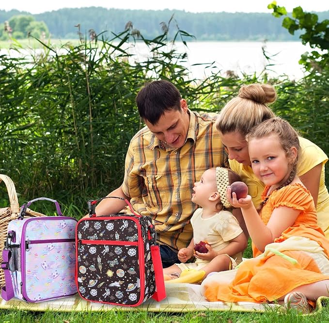Kids Insulated Lunch Box Bag, Thermal Picnic Cool Bags with Adjustable Strap for Adults Children Women Men Boys Girls School Work (LakegreenRainbow)
