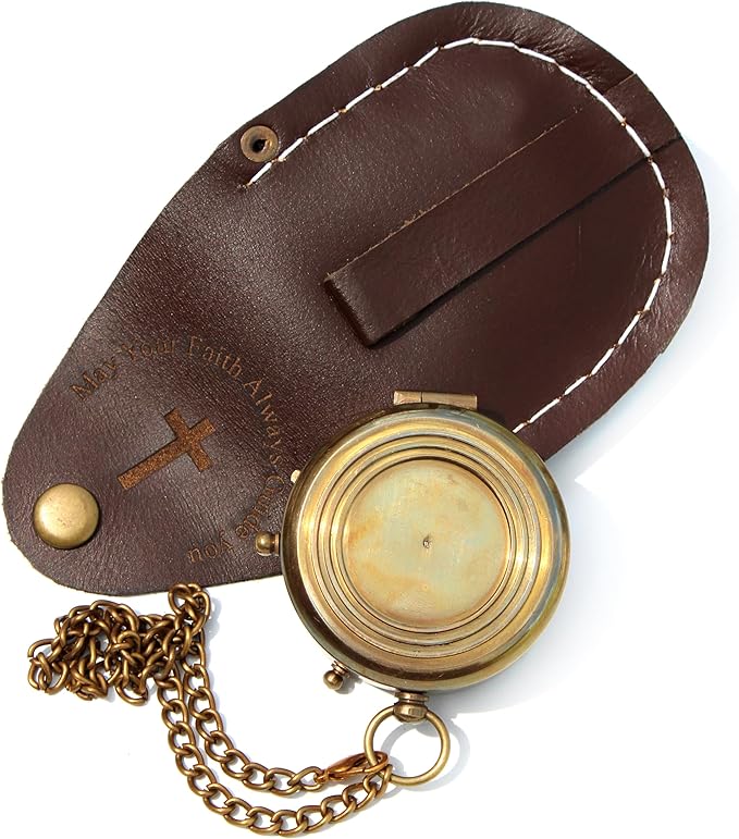 May Your Faith Always Guide You Engraved Working Compass with Leather Case Compass Religious Gift for Men & Women - Baptism, Confirmation, Communion Compass for Boys Graduation Gift