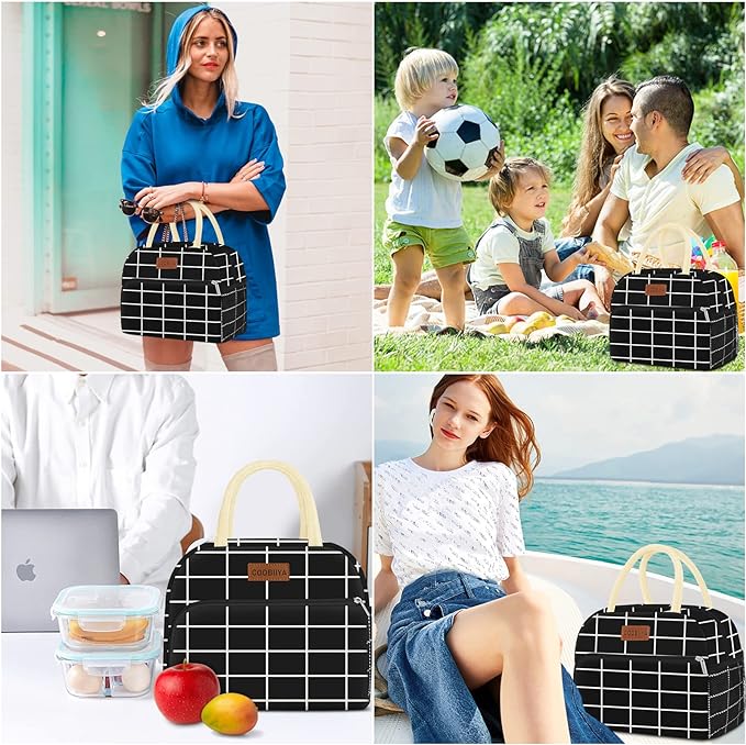 Coobiiya Lunch Bag Women, Lunch Box for Women Adult Men, Small Leakproof Cute Lunch Tote Large Capacity Reusable Insulated Cooler Lunch Container for Work/Office/Picnic/Travel-Black Plaid