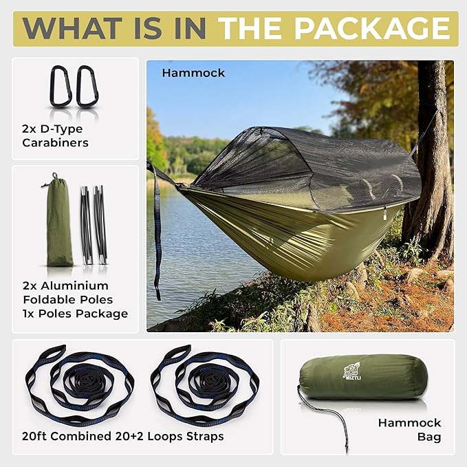 Miztli Camping Hammock -Portable Hammock w/Spacious Net & Tree Straps w/Adjutable Loops,Double and Single Hammock for Outdoor, Hiking, and Travel
