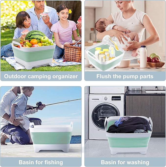 2.4 Gal(9L) Collapsible Dish Basin with Drain Plug, Space Saving Outdoor Multiuse Foldable Sink Tub, Dishpan, Kitchen Storage Tray for Camping, Vegetable Washing, RV (Green)