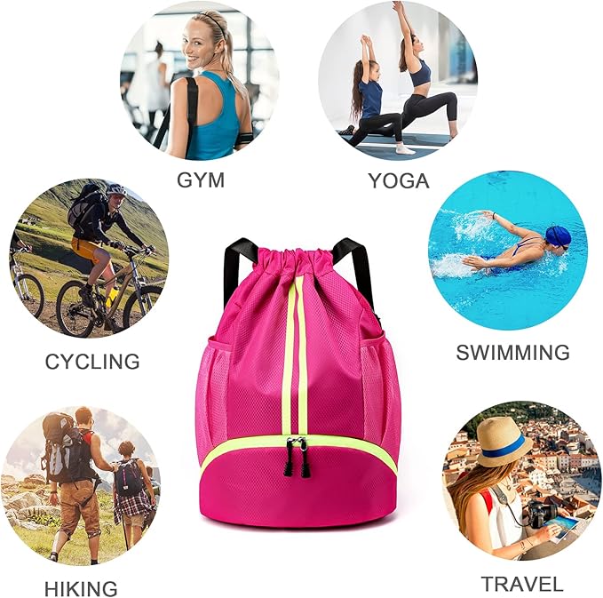 Drawstring Backpack Sports Gym Sackpack with Side Mesh Pockets Shoe Compartment Water Resistant String Bag for Women Men (Rose Red)