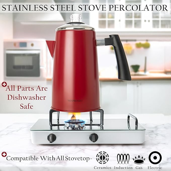 Mixpresso Red Stainless Steel Stovetop Coffee Percolator, 52 oz Classic Percolator Coffee Pot, Excellent As Camping Pot, 12 Cup Stainless Steel Camping Coffee Makers, Cool-Touch Handle.