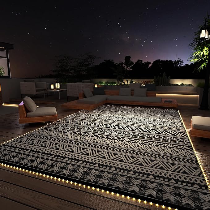 MontVoo-Outdoor Rug Carpet 6x9 ft for Patio RV Camping with Led Strip Lights Waterproof Plastic Straw Rug Reversible Portable Outside Indoor Outdoor Rug Mat for Patio Decor Balcony Picnic-Boho