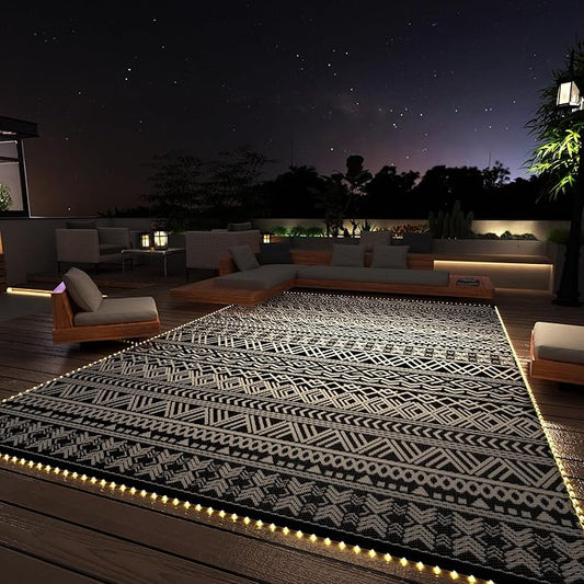 MontVoo-Outdoor Rug Carpet 6x9 ft for Patio RV Camping with Led Strip Lights Waterproof Plastic Straw Rug Reversible Portable Outside Indoor Outdoor Rug Mat for Patio Decor Balcony Picnic-Boho