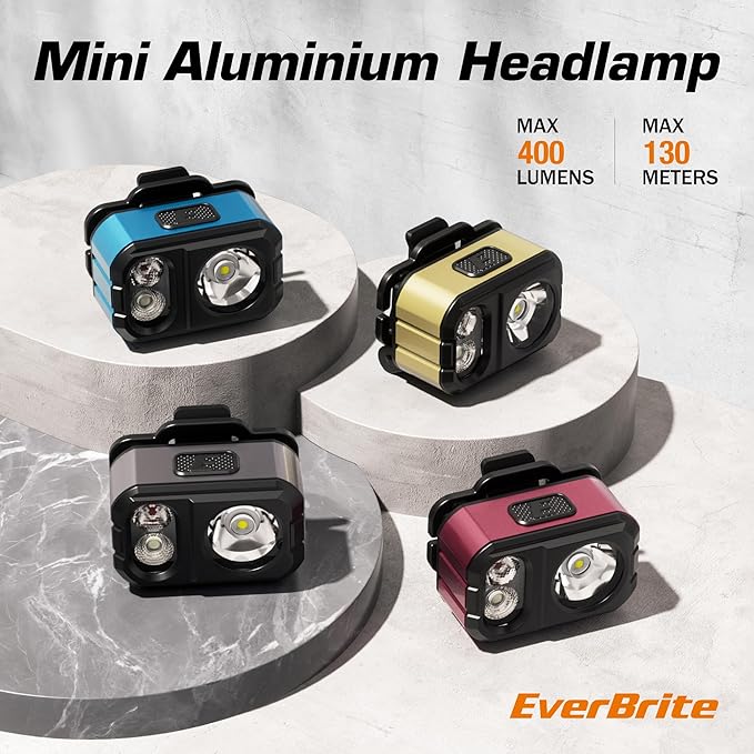 EverBrite Rechargeable LED Headlamp, Ultra-Light with Hat Clip, IP67 Waterproof, White/Red/Green Light, 7 Modes for Camping, Running and Backpacking-Grey