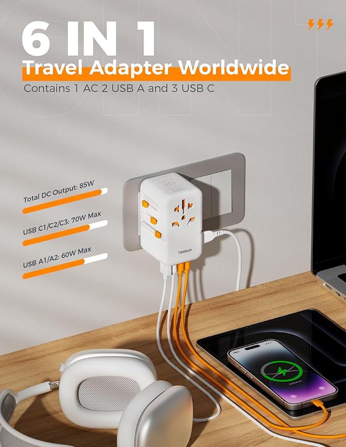 Universal Travel Adapter 85W GaN, TESSAN International Power Adapter with 5 USB(3 USB C) Charging Ports, Worldwide Outlet for US to European EU UK AUS Ireland(Type C/G/A/I)