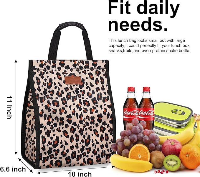 Lunch Bags for Women Insulated Reusable Lunch Tote with Internal Pocket, Lunch Tote bag for Work(Leopard)