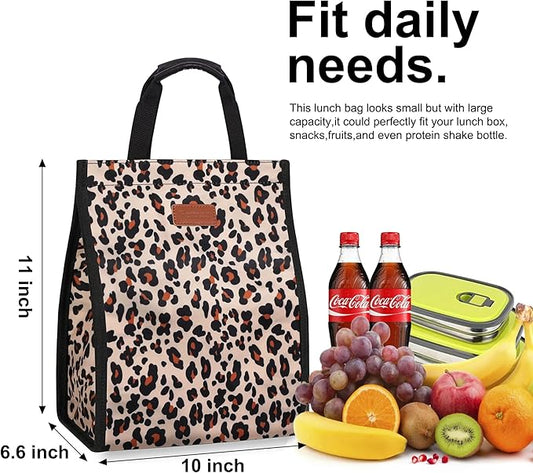 Lunch Bags for Women Insulated Reusable Lunch Tote with Internal Pocket, Lunch Tote bag for Work(Leopard)