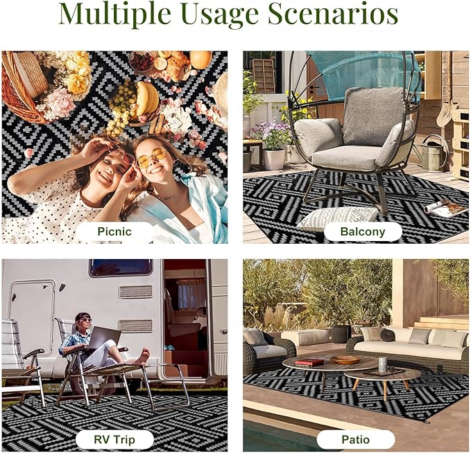 OPPODREAM Outdoor Rug 4x6 Ft, Waterproof Outdoor Plastic Straw Rug for Patio, Reversible Out Door Carpet for Camping, Deck, Rv, 4 x 6 Area Carpet for Balcony, Porch, Backyard, Black and Grey