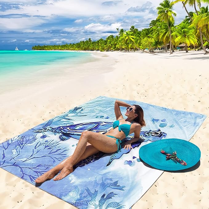 Beach Blanket, Sandproof Beach Mat, Waterproof Quick Drying Lightweight Outdoor Picnic Mat 79" X 83" for 2-4 Adults with Pocket for Travel, Camping, Hiking