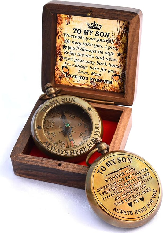 to My Son Compass with Wooden Box-Mom to Son Compass–Father to Son Gifts- to My Grandson -Graduation Day Gifts for Son-Birthday, Baptism, Graduation, Confirmation, Communion Compass for Women Men