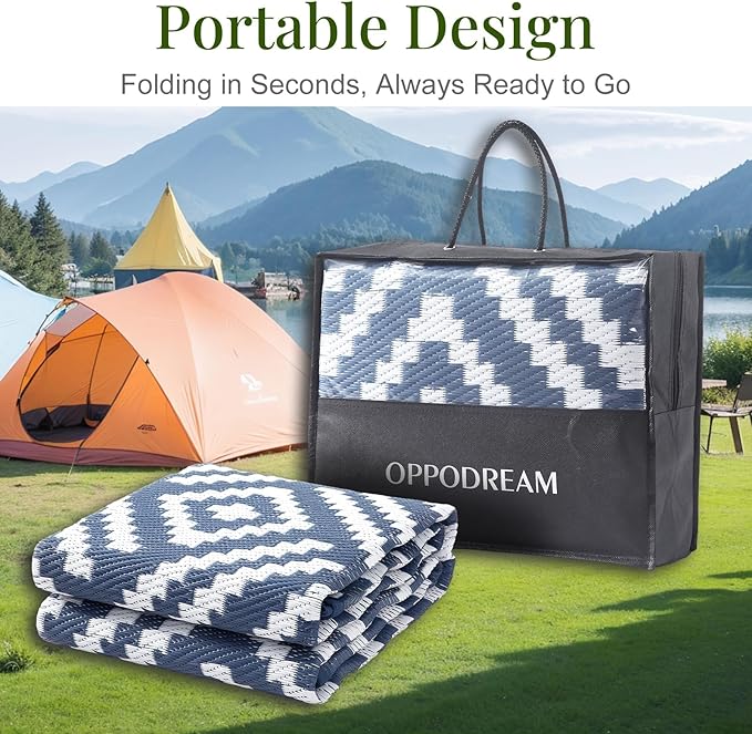 OPPODREAM Outdoor Rug 5x8 Ft, Waterproof Outdoor Plastic Straw Rug for Patio, Reversible Out Door Carpet for Camping, Deck, Rv, 5 x 8 Area Carpet for Balcony, Porch, Backyard, White and Navy Blue