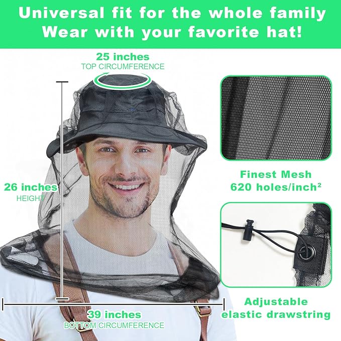 tupi Mosquito Head Net for Insects, 2 Pack, Premium Bug Net for Head, Fly & Bug Protection | Ultra Large & Long, Finest Holes for Camping, Hiking, Fishing, Gardening, Fits All Hats for Men & Women