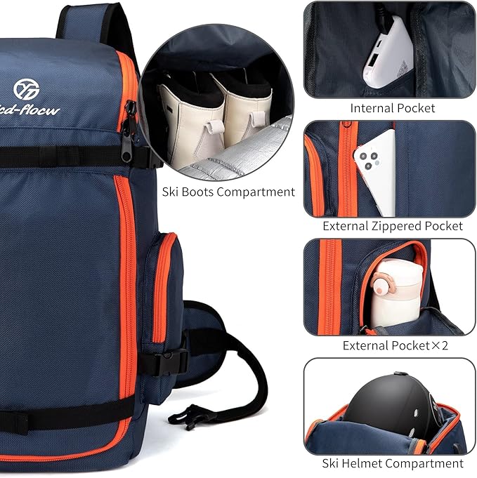 Ski Boot Bag Backpack, 50L Large Capacity Water-Resistant Padded Ski Travel Bag & Snowboard Boot Bag for Ski Boots, Helmet, Goggles, Clothes, Gloves, Snowboard Gear (Dark Blue)