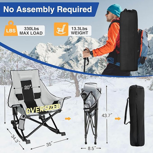 Slendor Heated Rocking Chair, Oversized Heated Camping Chair w/ 3 Levels Heat for Back+Seat, Heated Rocking Camping Chair with 20000 mAh Power Bank, Pillow, Side Pocket, Padded, Carry Bag, Gray