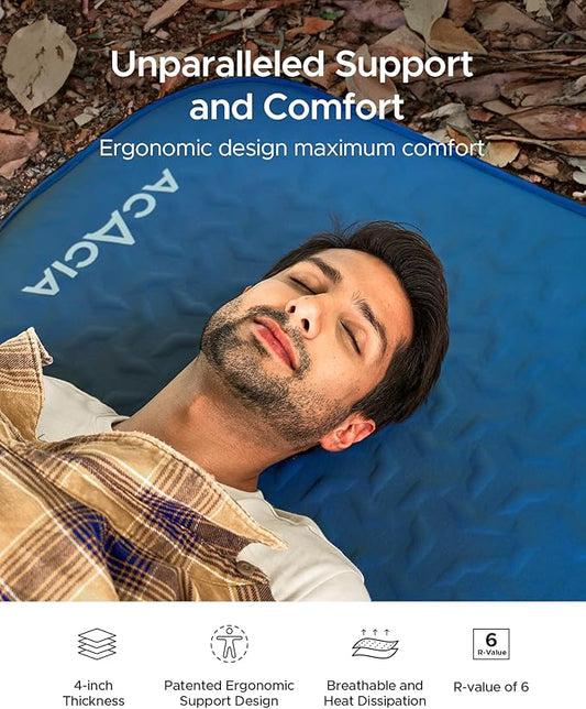 ACACIA 4" Thick Self Inflating Sleeping Pad with Foam, Innovative Y-Shaped Telescopic Structure, Ultraportable Camping Air Mattress with Pump Sack, Outdoor Compact Sleep Bed for Travel Tent Car