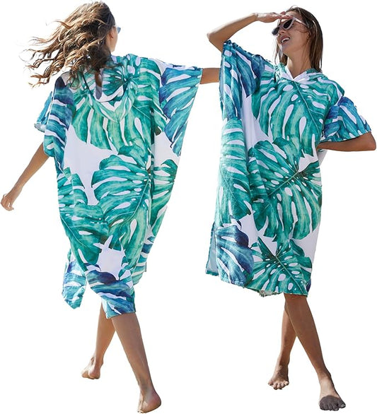 Rainleaf Surf Poncho Changing Towel Quick Dry Pool Swim Beach Towel with Hood and Front Pocket Warm and Soft Microfiber RobeTowel for Women and Men Green-Leaf Print
