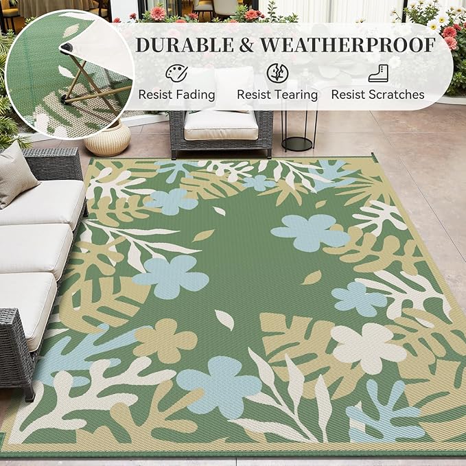 MontVoo Outdoor Rug Waterproof 5x8 ft RV Outdoor Rug for Camping Picnic Mat Outdoor Patio Rug Carpet Plastic Straw Reversible Floral Green Yellow