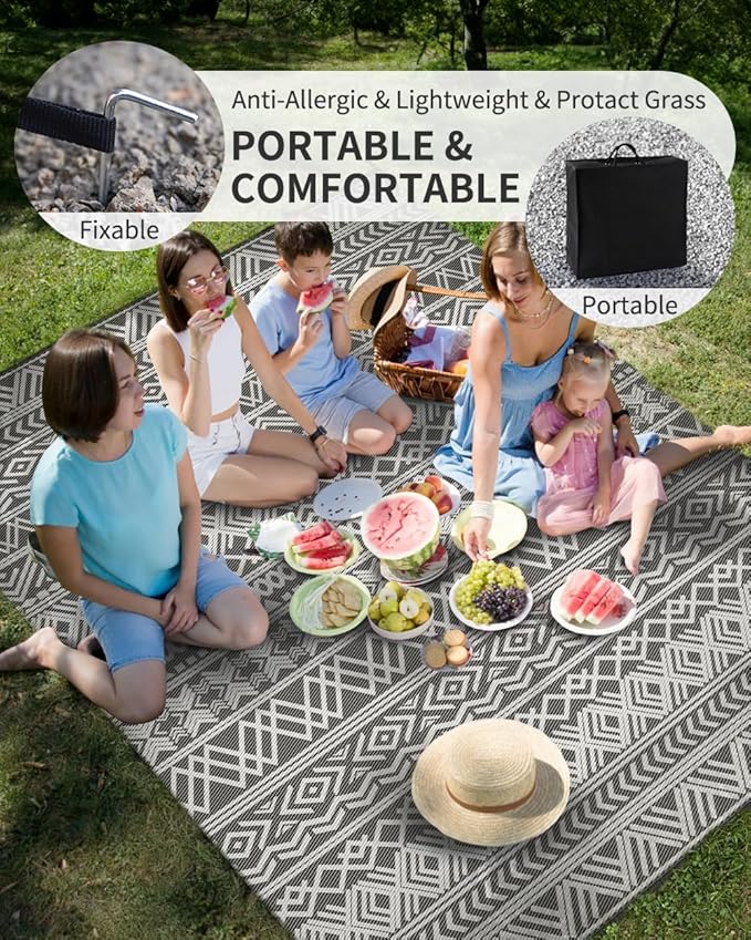 MontVoo Outdoor Rug Carpet Waterproof 9x18 Outdoor Patio Rug Mat Reverisble Plastic Straw Outdoor Rug for RV Camping Picnic Beach Balcony Boho Grey Large