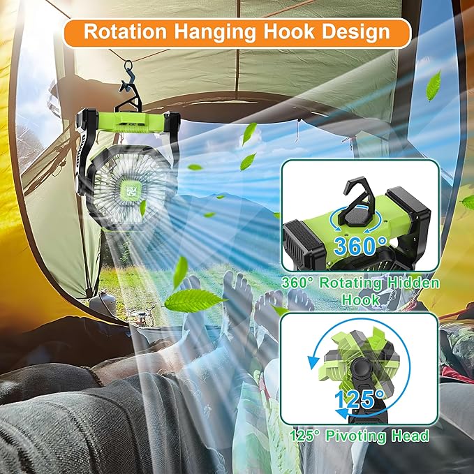 Battery Powered Fan -Camping Fan with Led Lantern, 12000mAh Portable Rechargeable, Battery Operated for Tent, Hook 4 Speed Quiet Personal for Desk, Travel, Fishing, Power Outage, Hurricane-Green