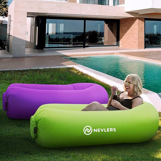 Nevlers 2 Pack Inflatable Loungers Air Sofa Couch | Perfect for Beach Chair Camping Chairs or Portable Hammock |Travel Bag Pouch, Pegs & 3 Pockets| Movie Seating & Camping Accessories Blow Up Lounger