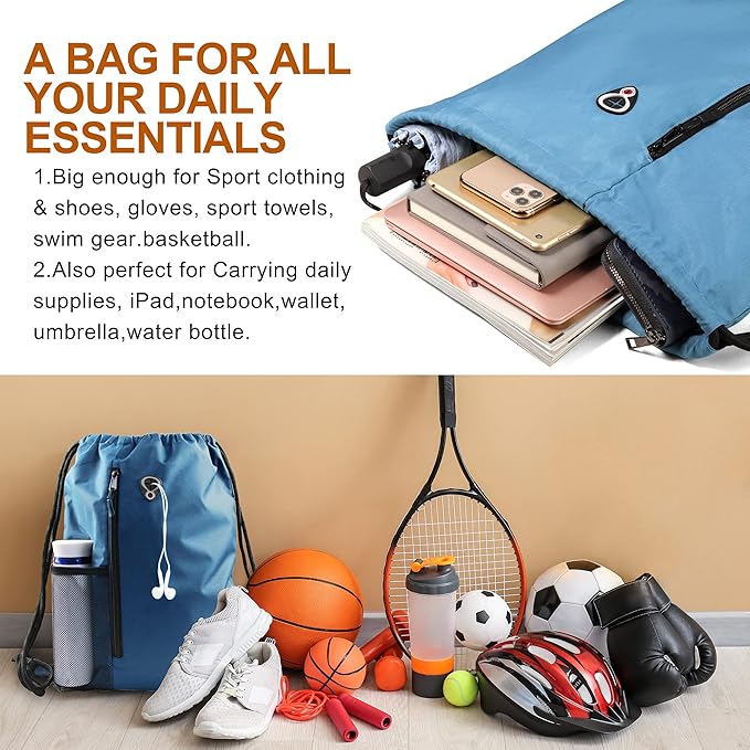 Drawstring Backpack Sports Gym Bag for Women Men Large Size With Two Zipper Pockets and Water Bottle Mesh Pockets