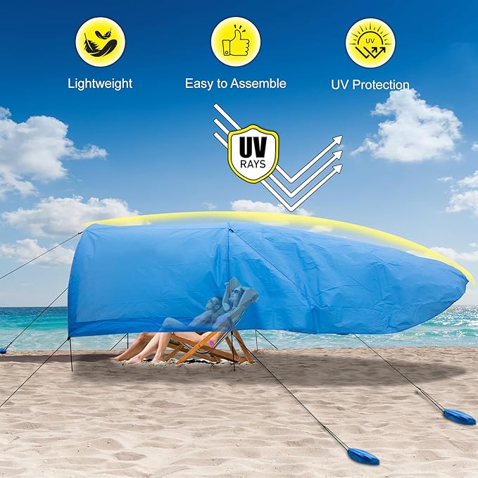 Beach Shade - 200 Sq. Ft Beach Canopy for 4-8 People, Portable Sun Shelter with UV Protection, Lightweight & Easy Setup for Family Outdoor Activities (Light Blue)