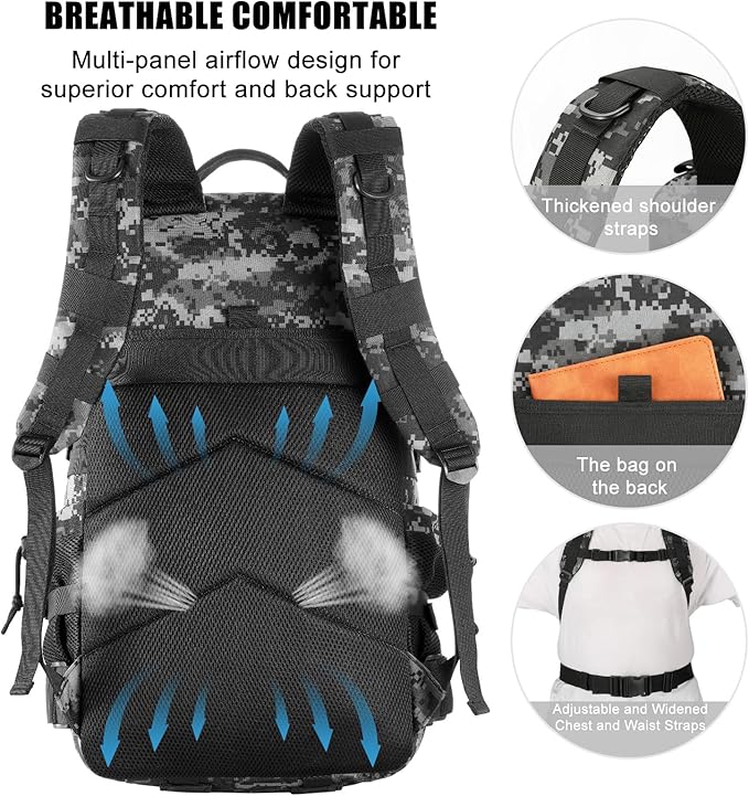 Military Tactical Backpack 50L Large Day Backpack for Men Molle Army 3 Days Assault Pack Bug Out Bag Water Resistant and Heavy Duty Hiking Treeking Rucksack - Black Digital Camo