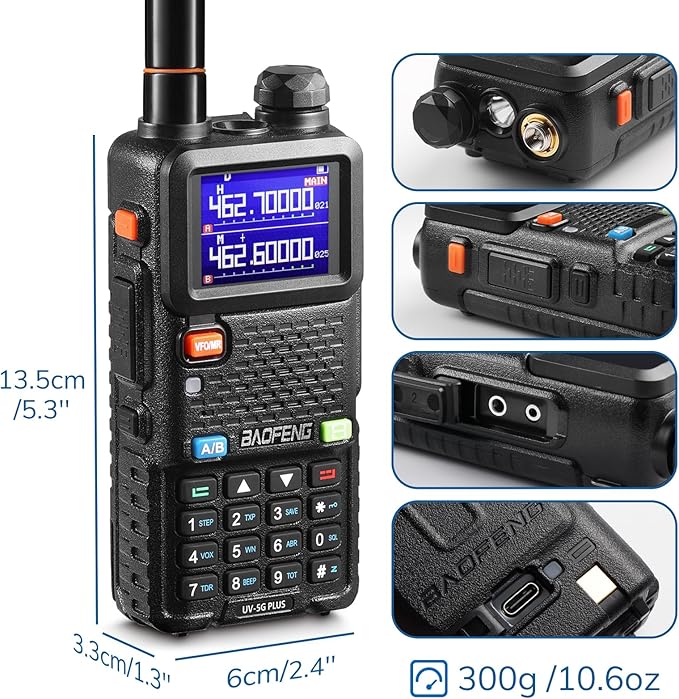 [Chirp Compatible] BAOFENG UV-5G Plus GMRS Handheld Radio, Long Rang Two way radio for Adult, 999 Channels, NOAA Receiver & Scanner, with 2500mAh Battery USB-C Port, 1 Pack