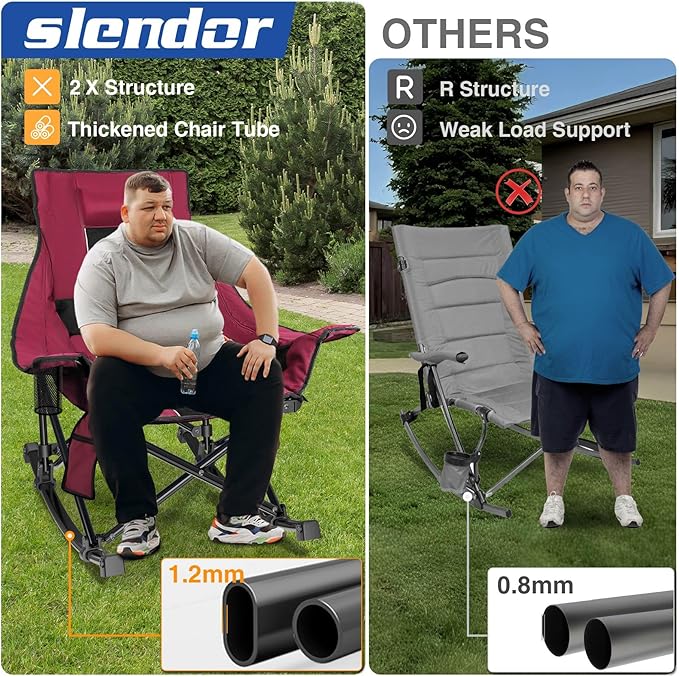 Slendor Oversized Rocking Camping Chair, XL Heated Camping Chair w/ 3 Levels Heat for Back+Seat, Padded Rocking Lawn Chair with 20000 mAh Power Bank, Pillow, Side Pocket, Carry Bag, Wine Red