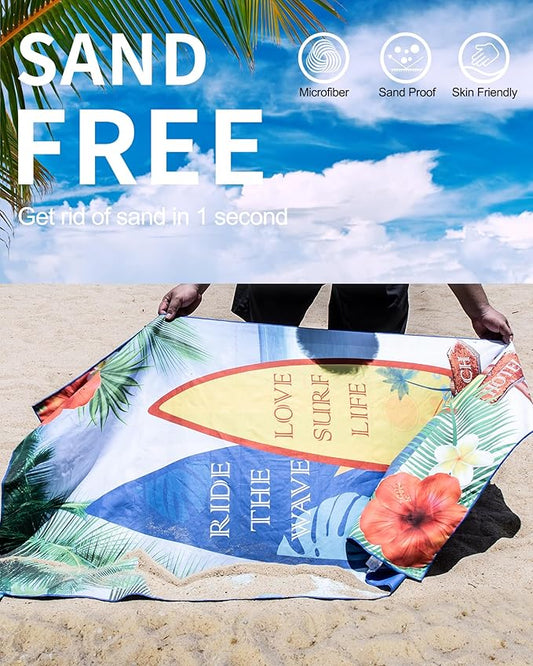 Microfiber Large Beach Towel - Big Camping Towels Fast Drying Lightweight 62x32 Inch, Sand Free Portable Pool Towel with Pouch, Buckles, Elastic Band for Travel, Fitness, Yoga, Sauna, Swim