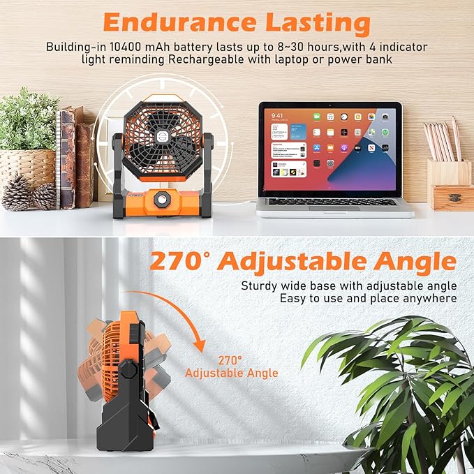 Camping Fan Rechargeable, 10400mAh Portable Battery Operated Camping Fan for Tents, Hangable USB Silent Camping Fans with LED Lantern, Suitable for Fishing, Camping, Bedroom, Workplace (Orange)