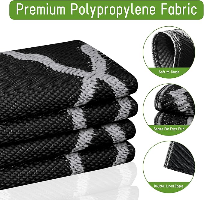 Easy-Going Reversible Outdoor Rugs 4x6ft Waterproof Plastic Straw Rug Stain & UV Resistant Floor Mat for Patio Porch RV Backyard Pool Deck Picnic Beach Trailer Camping (Moroccan Black & Light Grey)