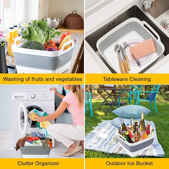 Collapsible Wash Basin with Drain Plug – 2.4 Gallon Portable Sink Tub for Baby Bottles, Dishwashing, RV & Camping | Space Saving Foldable Design | BPA-Free TPR/PP Material (Grey)