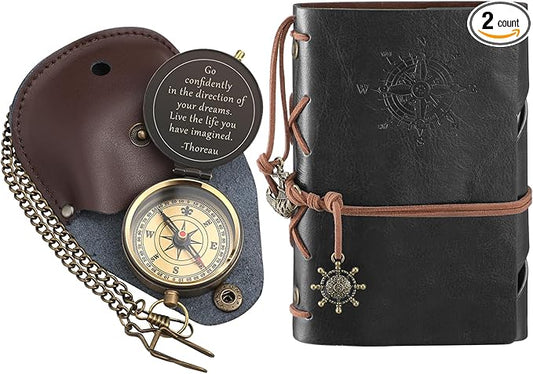 Kanayu 2 Pcs Compass Graduation Gift Compass with Stamped Leather Case and Leather Journal Notebook High School College Graduation Gifts for Him