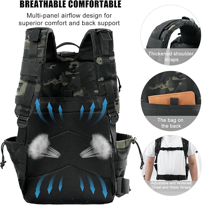Military Tactical Backpack 50L Large Day Backpack for Men Molle Army 3 Days Assault Pack Bug Out Bag Water Resistant and Heavy Duty Hiking Treeking Rucksack - Black Camo