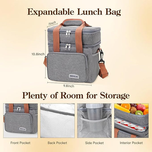 Double Insulated Lunch Bag for Women/Men, Thermal Lunchbox Leakproof Waterproof Cooler Bag with Adjustable Shoulder Strap for Adults, Lunch Bag for Work Office Camping Travel (12L, Gray)