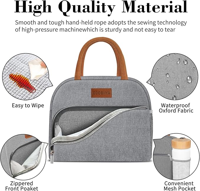 Coobiiya Lunch box for Women/Men/Adult, Lunch Box Lunch Bag Women, Small Leakproof Cute Lunch Tote Large Capacity Reusable Insulated Cooler Lunch Container for Work/Office/Picnic/Beach-Grey